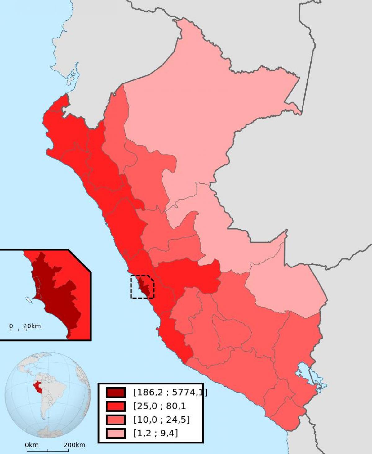 Peru befolkningstæthed kort