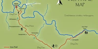 Kort af inca trail i Peru
